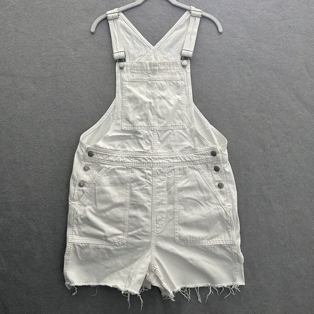 Madewell Denim Carpenter Shortalls Womens L White Bib Overalls Oversized Raw Hem